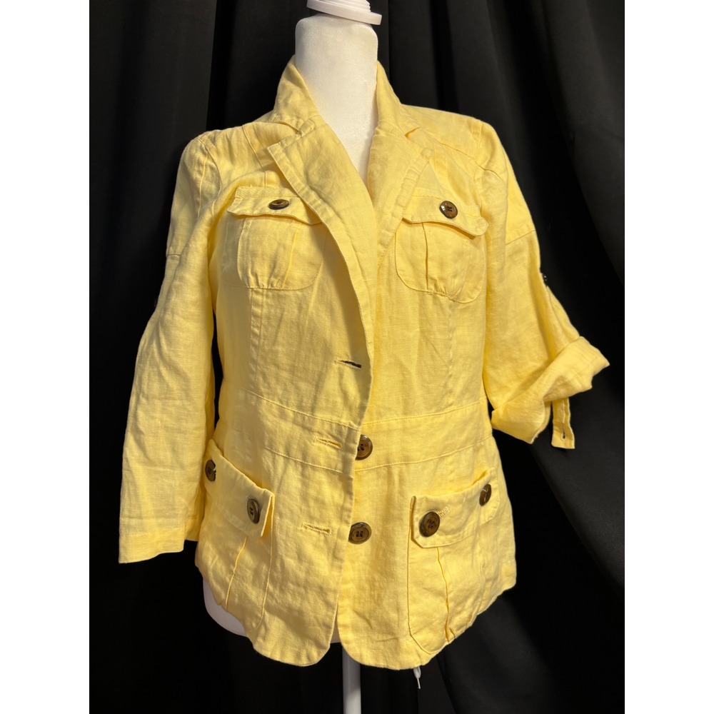 Chicos Yellow 100% Linen Safari Utility Jacket Roll Tab Sleeve Size 1 1C102073